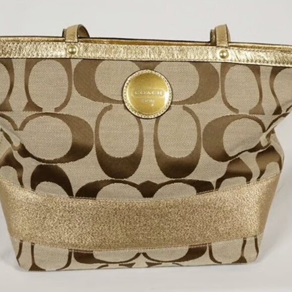 Coach F 15112 signature tote beige, brown shoulder bag with gorld band - Picture 11 of 11